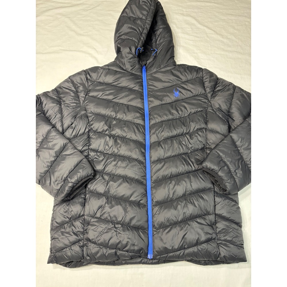 Spyder Mens OMSP160 Puffer Jacket Black Blue Hooded Insulated Coat Large